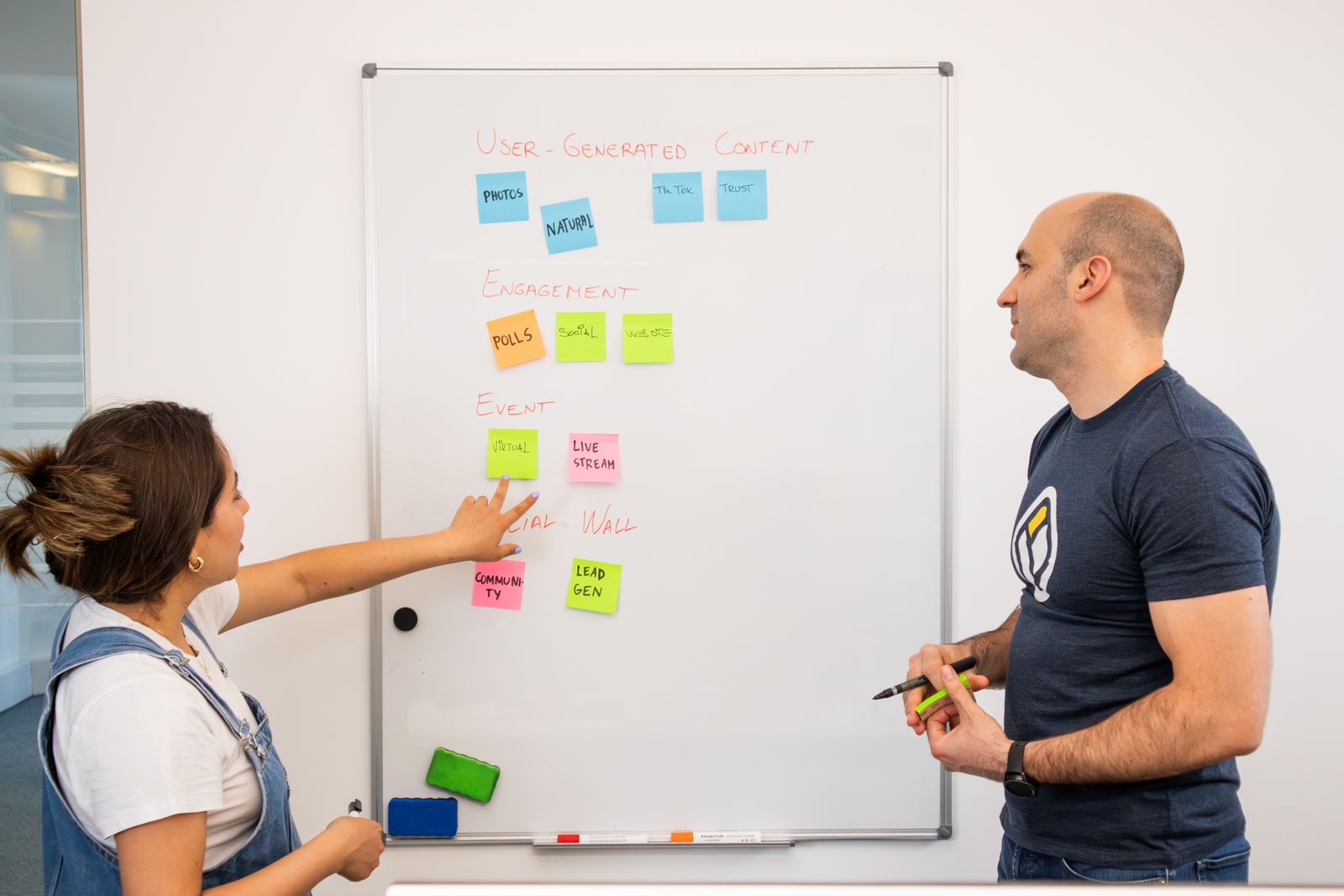 Colleagues planning a project together at a whiteboard